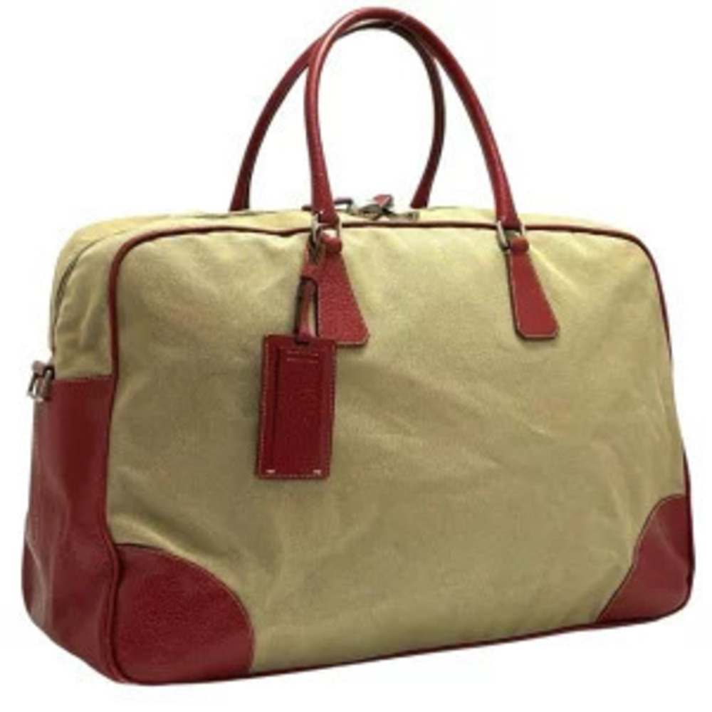 Prada Triangle Handbag Boston Bag Canvas Leather Red Beige Cream